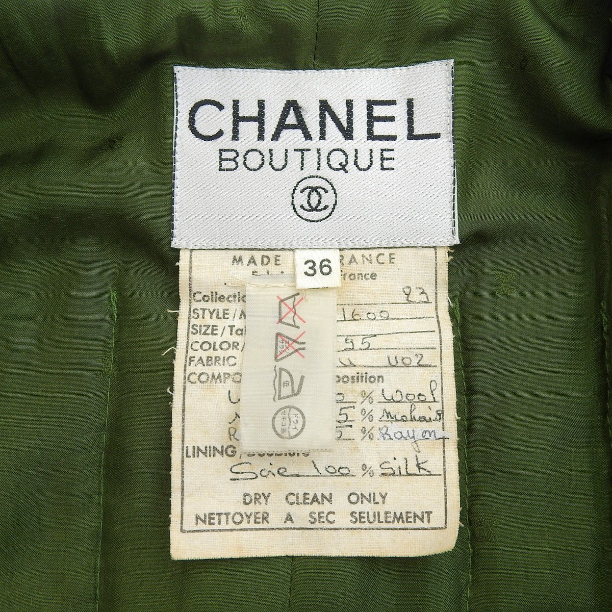 1988年款 斜纹软呢CC标志纽扣无领夹克 #36 绿色/拼色