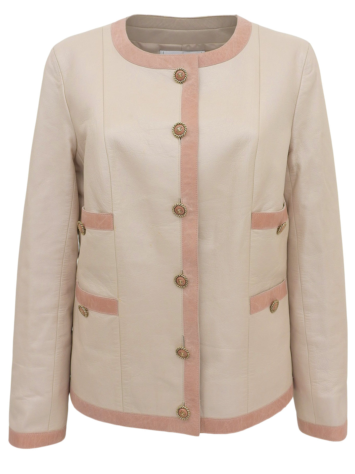 2007 Leather Two-Tone CC Mark Button Collarless Jacket in Beige/Pink