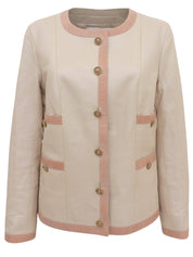 2007 Leather Two-Tone CC Mark Button Collarless Jacket in Beige/Pink