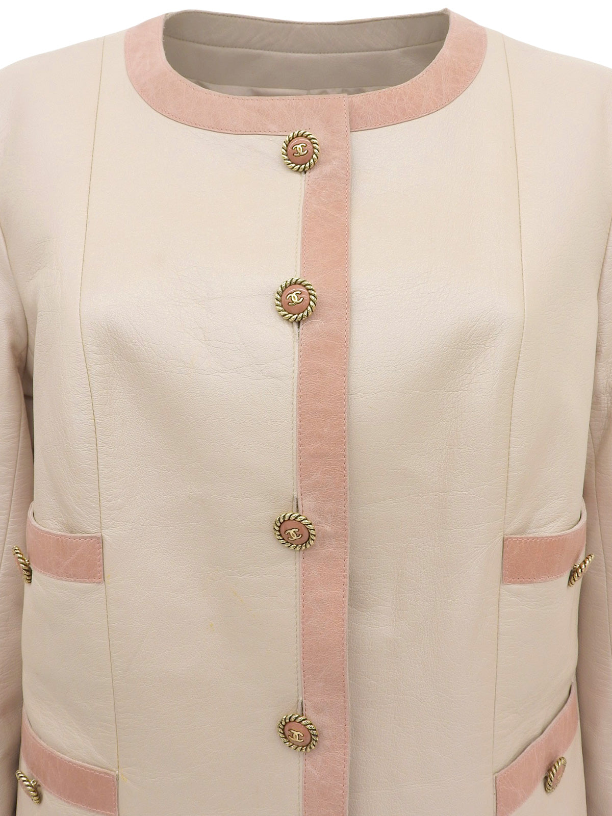 2007 Leather Two-Tone CC Mark Button Collarless Jacket in Beige/Pink