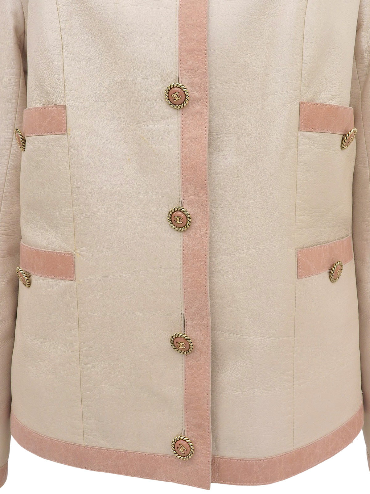 2007 Leather Two-Tone CC Mark Button Collarless Jacket in Beige/Pink