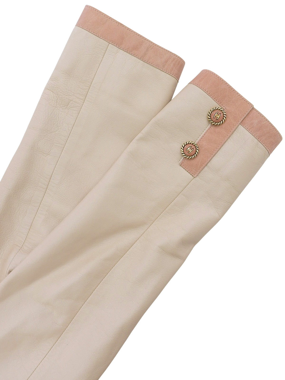 2007 Leather Two-Tone CC Mark Button Collarless Jacket in Beige/Pink