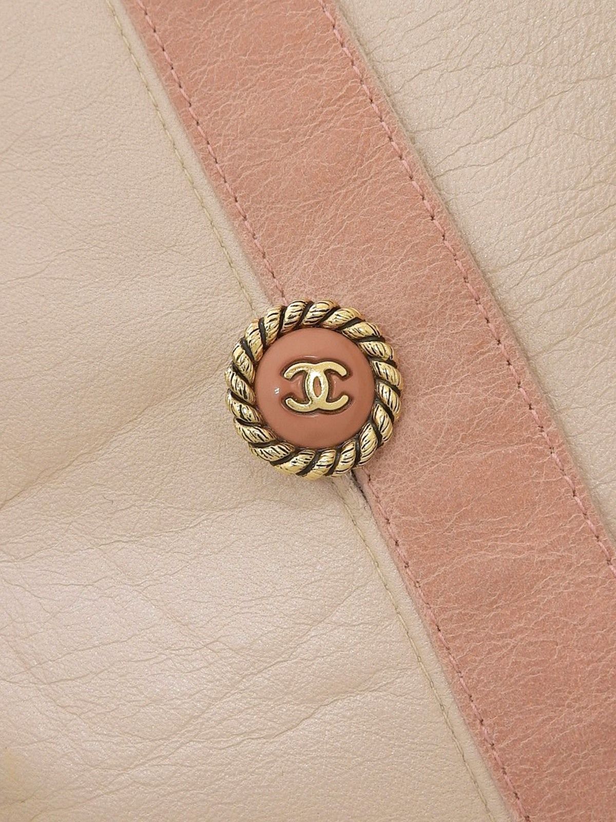 2007 Leather Two-Tone CC Mark Button Collarless Jacket in Beige/Pink