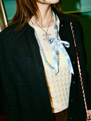 2005年製　パールCCマークプレートリボンネックレス　シルバー／ライトブルー／ホワイト