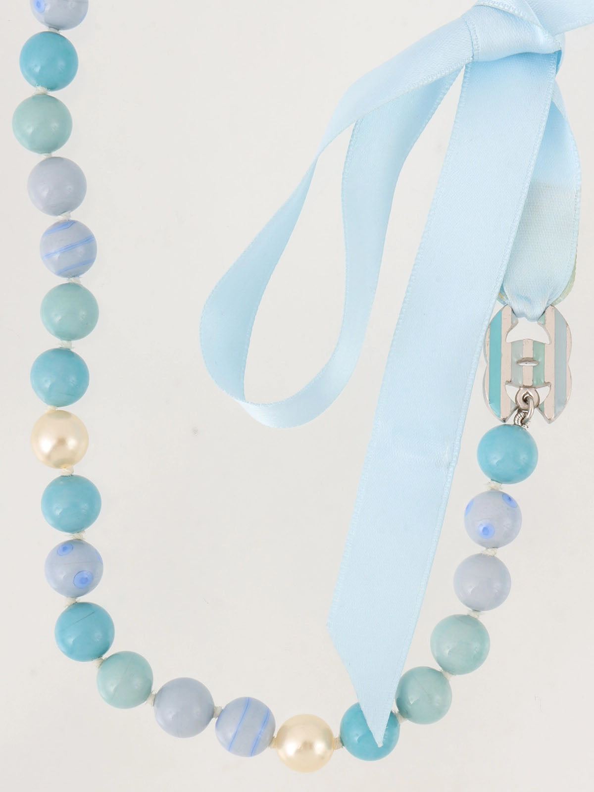 2005 Pearl CC Mark Plate Ribbon Necklace in Silver/Light Blue/White