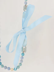 2005 Pearl CC Mark Plate Ribbon Necklace in Silver/Light Blue/White