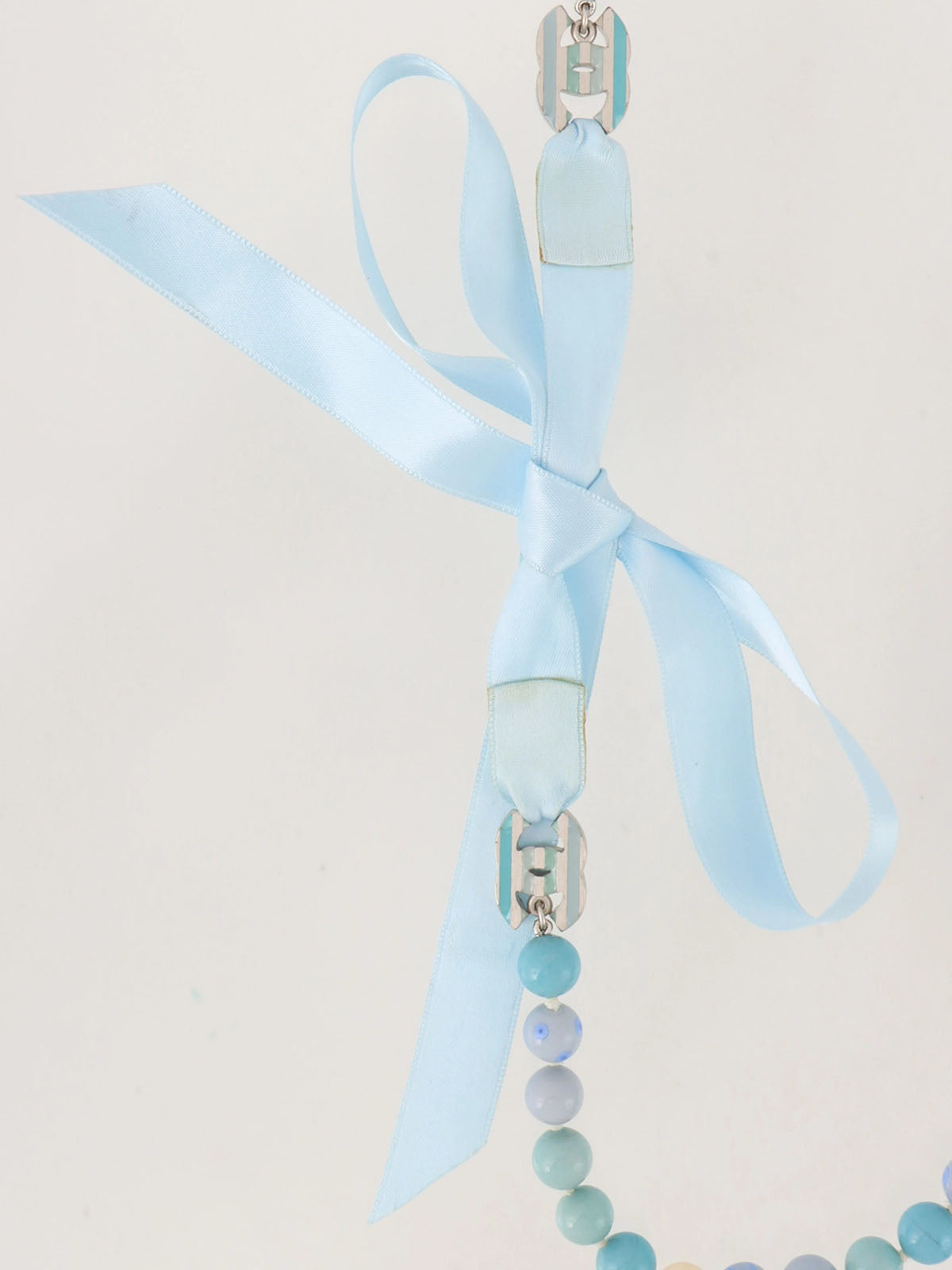 2005 Pearl CC Mark Plate Ribbon Necklace in Silver/Light Blue/White