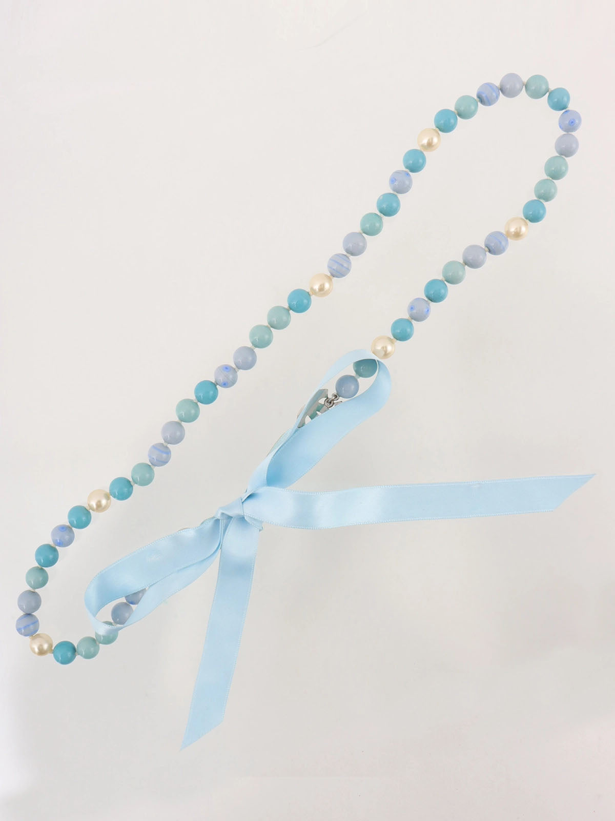 2005 Pearl CC Mark Plate Ribbon Necklace in Silver/Light Blue/White