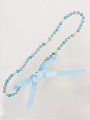 2005 Pearl CC Mark Plate Ribbon Necklace in Silver/Light Blue/White