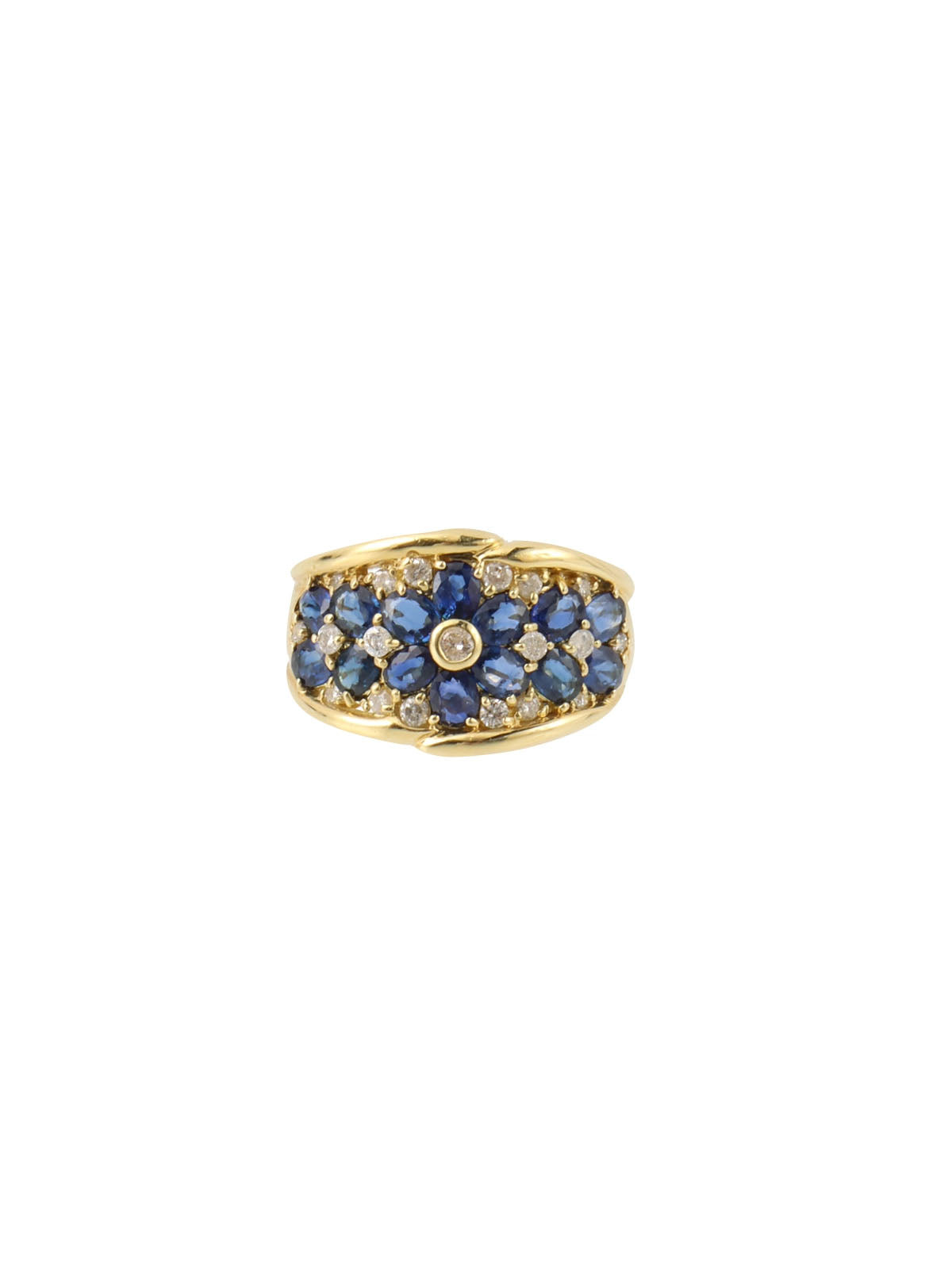 18K Sapphire and Diamond Flower Design Ring in Gold/Blue