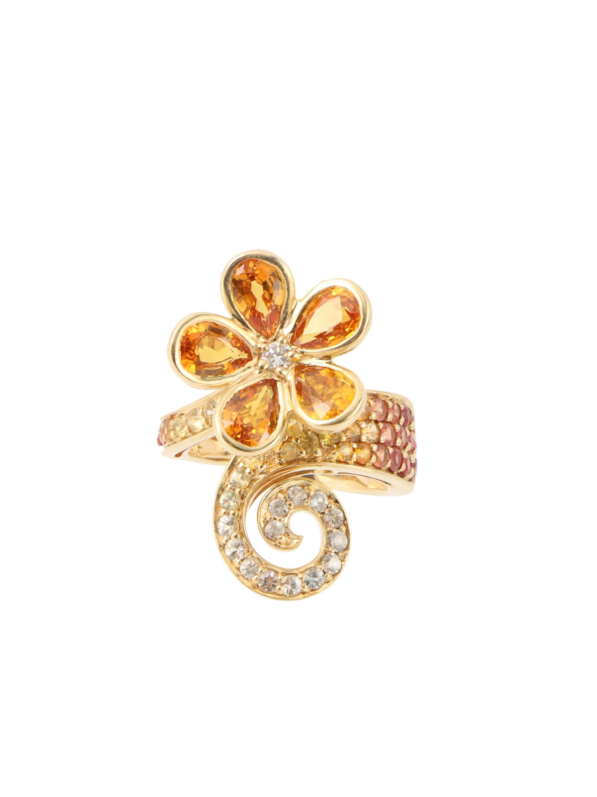 18K Sapphire Diamond Flower Motif Ring Orange/Gold
