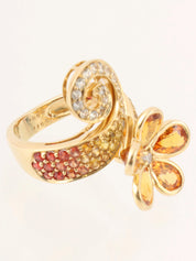 18K Sapphire Diamond Flower Motif Ring Orange/Gold