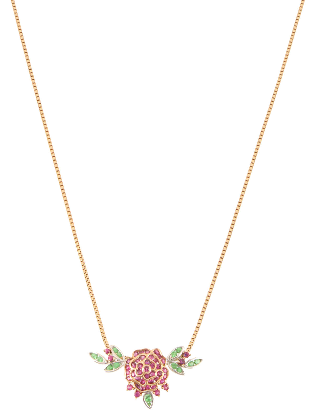 18K Ruby Rose Bouquet Necklace in Rose Gold/Fuchsia/Green