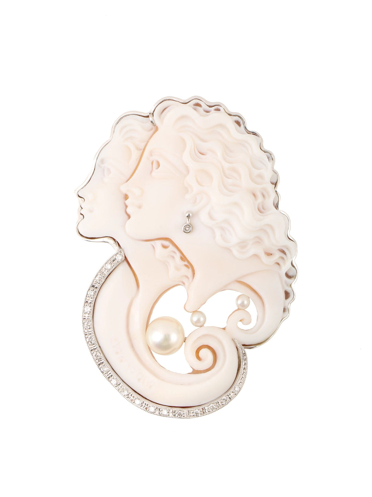Patricia Parlati 18K Shell and Diamond Cameo Brooch, White/Silver