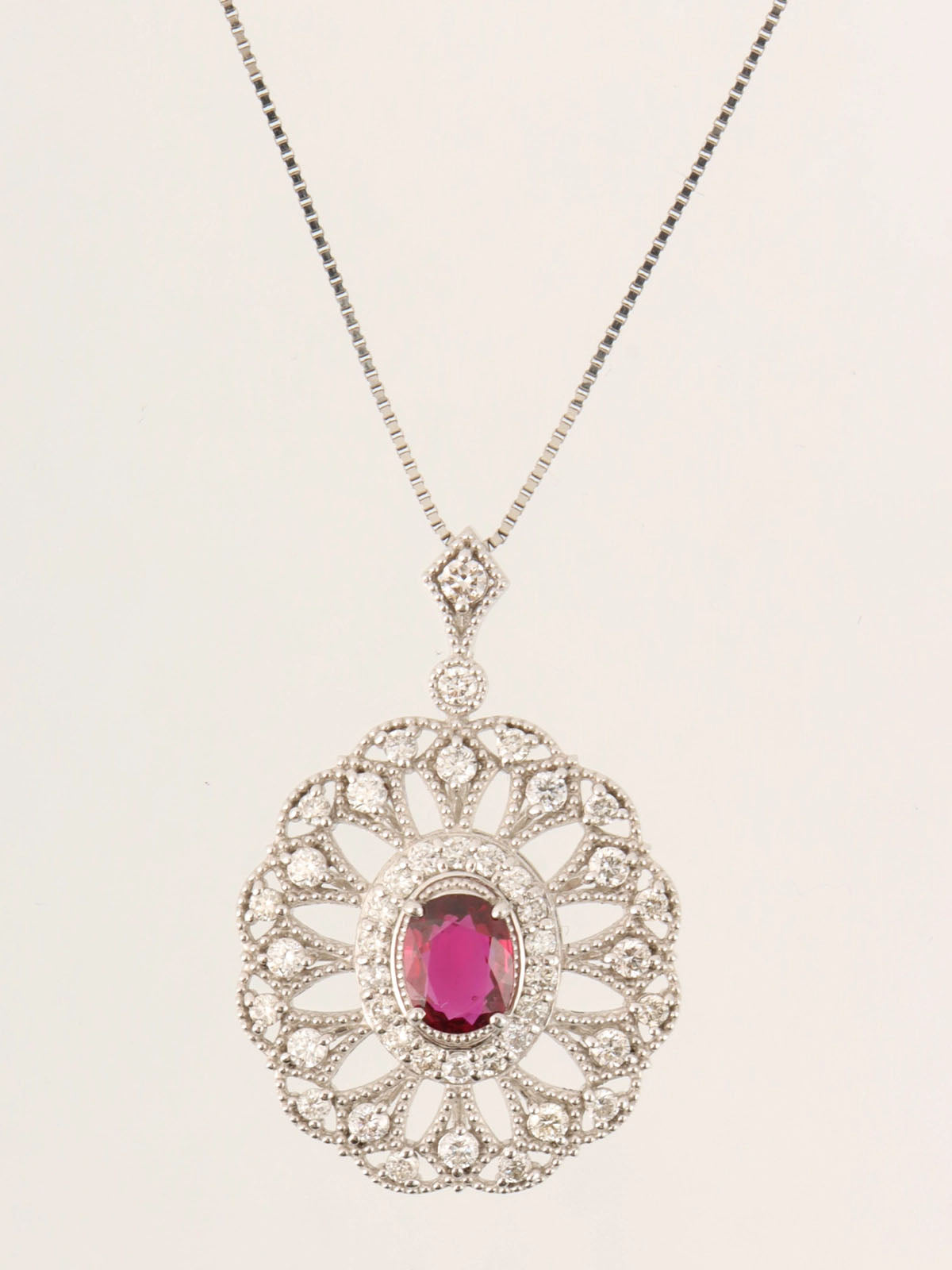 Platinum Diamond Ruby Design Necklace in Silver/Red