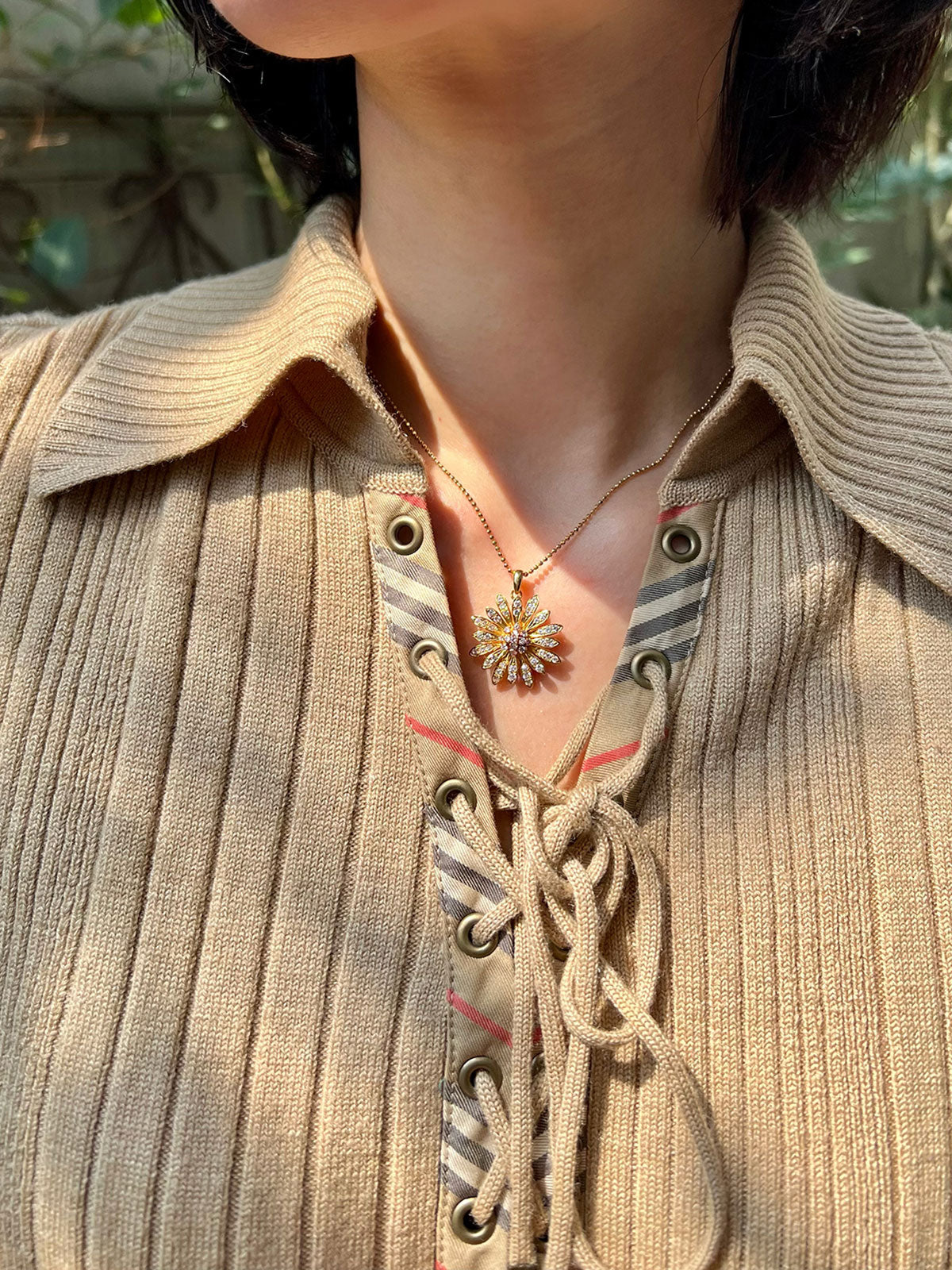 18K Gold/Pink Diamond Flower Motif Necklace