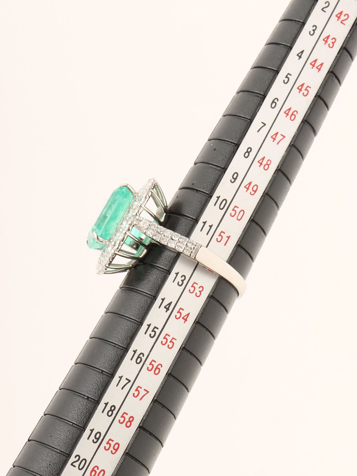 Platinum emerald and diamond square ring in silver/green