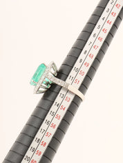 Platinum emerald and diamond square ring in silver/green