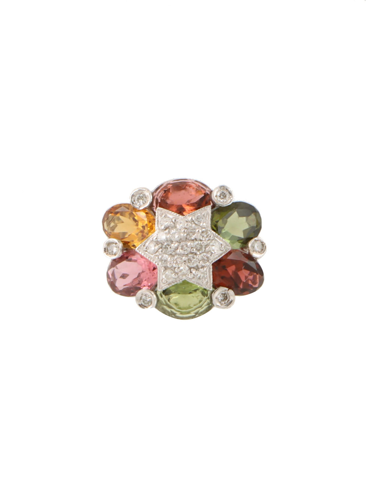 18K Tourmaline Diamond Hexagram Motif Ring Silver/Multi