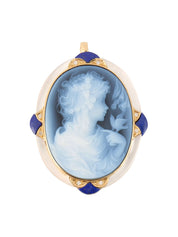 18K Chalcedony and Diamond Cameo Brooch in Blue/Gold