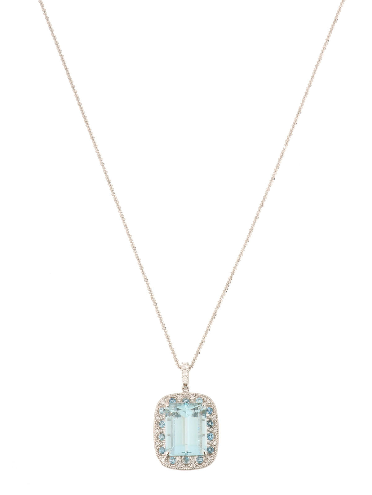 Platinum Aquamarine Diamond Square Necklace in Silver/Light Blue