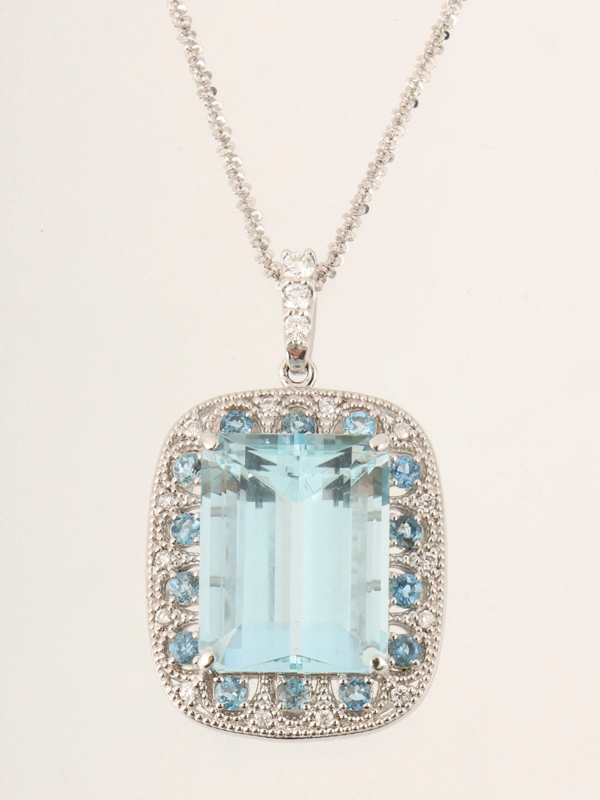 Platinum Aquamarine Diamond Square Necklace in Silver/Light Blue