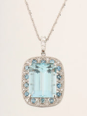 Platinum Aquamarine Diamond Square Necklace in Silver/Light Blue