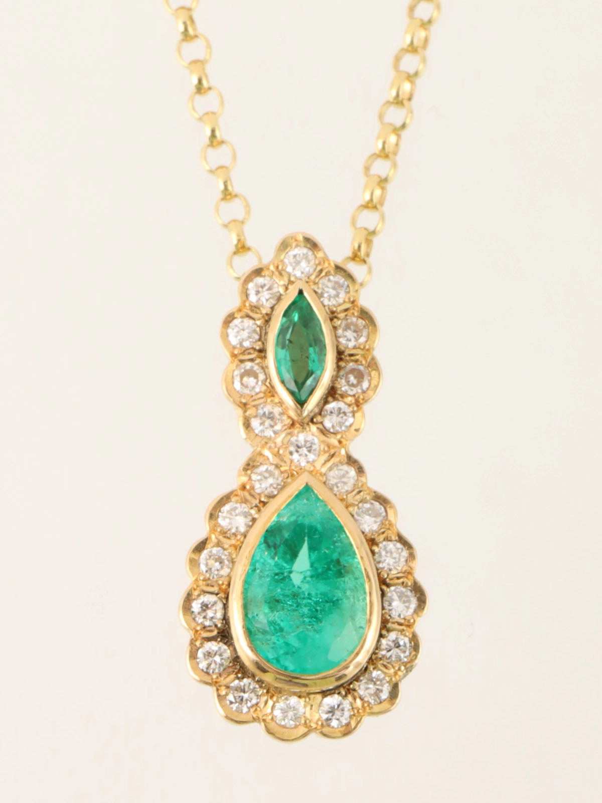 18K Gold/Green Emerald and Diamond Teardrop Necklace