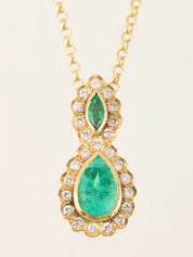 18K Gold/Green Emerald and Diamond Teardrop Necklace