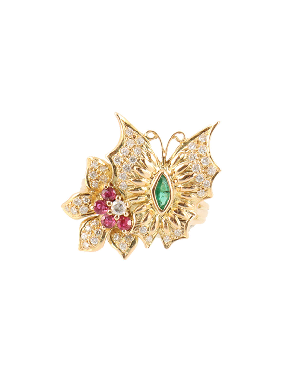 18K Ruby and Diamond Flower and Butterfly Motif Ring in Gold/Green/Red