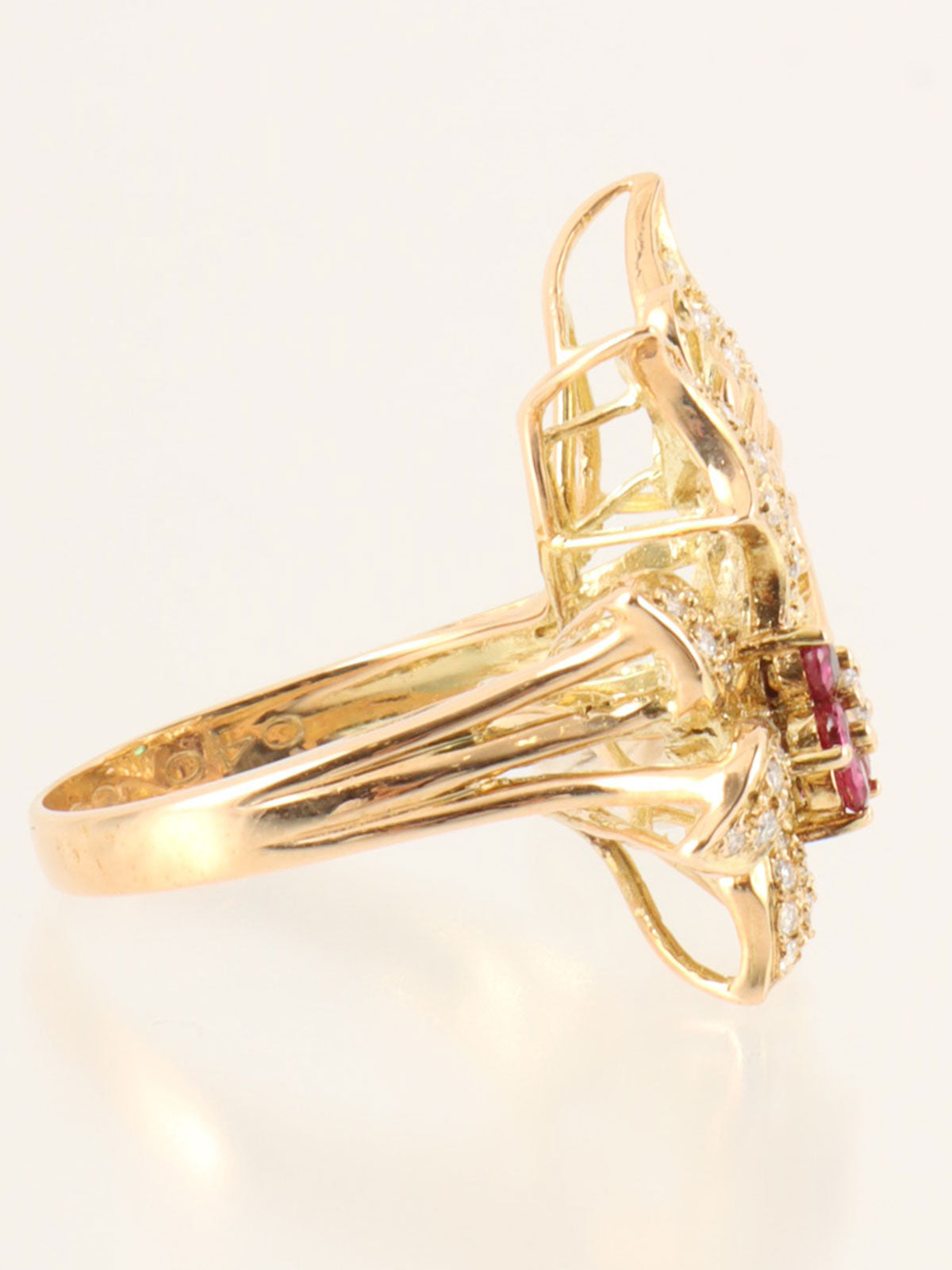 18K Ruby and Diamond Flower and Butterfly Motif Ring in Gold/Green/Red