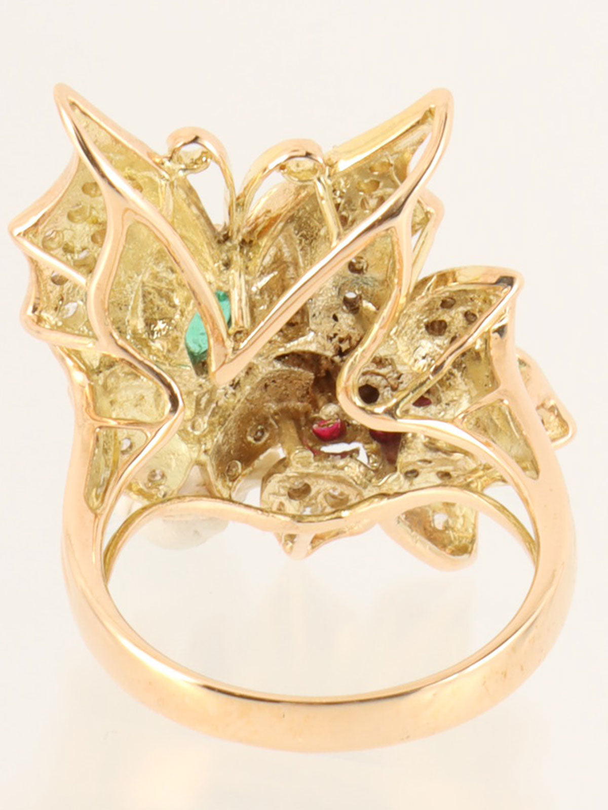 18K Ruby and Diamond Flower and Butterfly Motif Ring in Gold/Green/Red