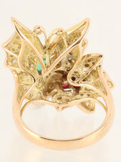 18K Ruby and Diamond Flower and Butterfly Motif Ring in Gold/Green/Red