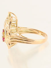 18K Ruby and Diamond Flower and Butterfly Motif Ring in Gold/Green/Red