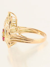 18K Ruby and Diamond Flower and Butterfly Motif Ring in Gold/Green/Red