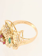 18K Ruby and Diamond Flower and Butterfly Motif Ring in Gold/Green/Red