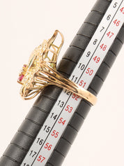 18K Ruby and Diamond Flower and Butterfly Motif Ring in Gold/Green/Red