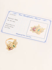 18K Ruby and Diamond Flower and Butterfly Motif Ring in Gold/Green/Red
