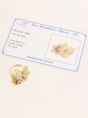 18K Ruby and Diamond Flower and Butterfly Motif Ring in Gold/Green/Red