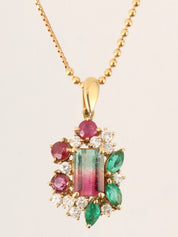 18K Diamond Watermelon Tourmaline Necklace in Gold/Green/Red