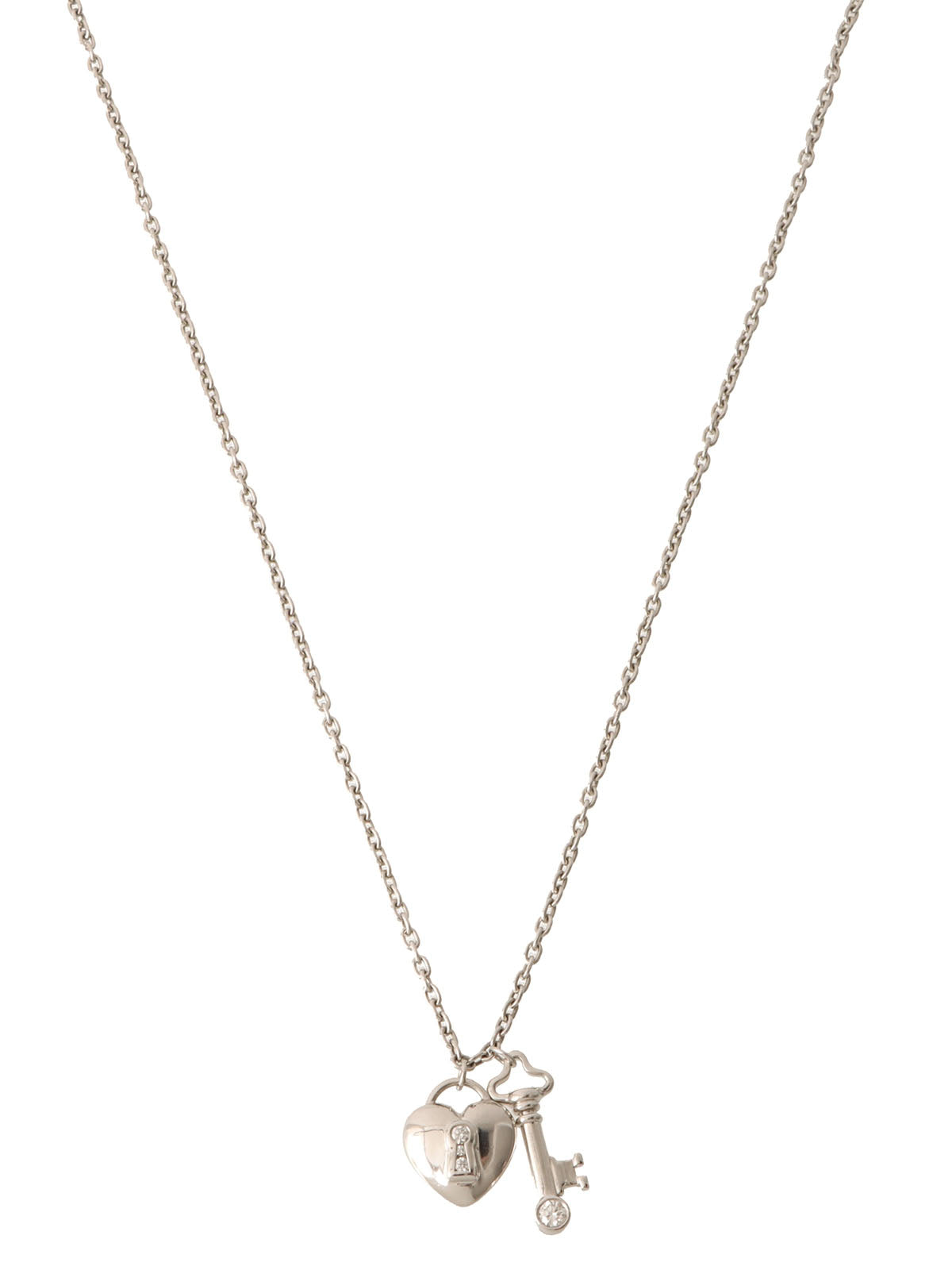 Platinum Diamond Heart Lock Key Necklace in Silver