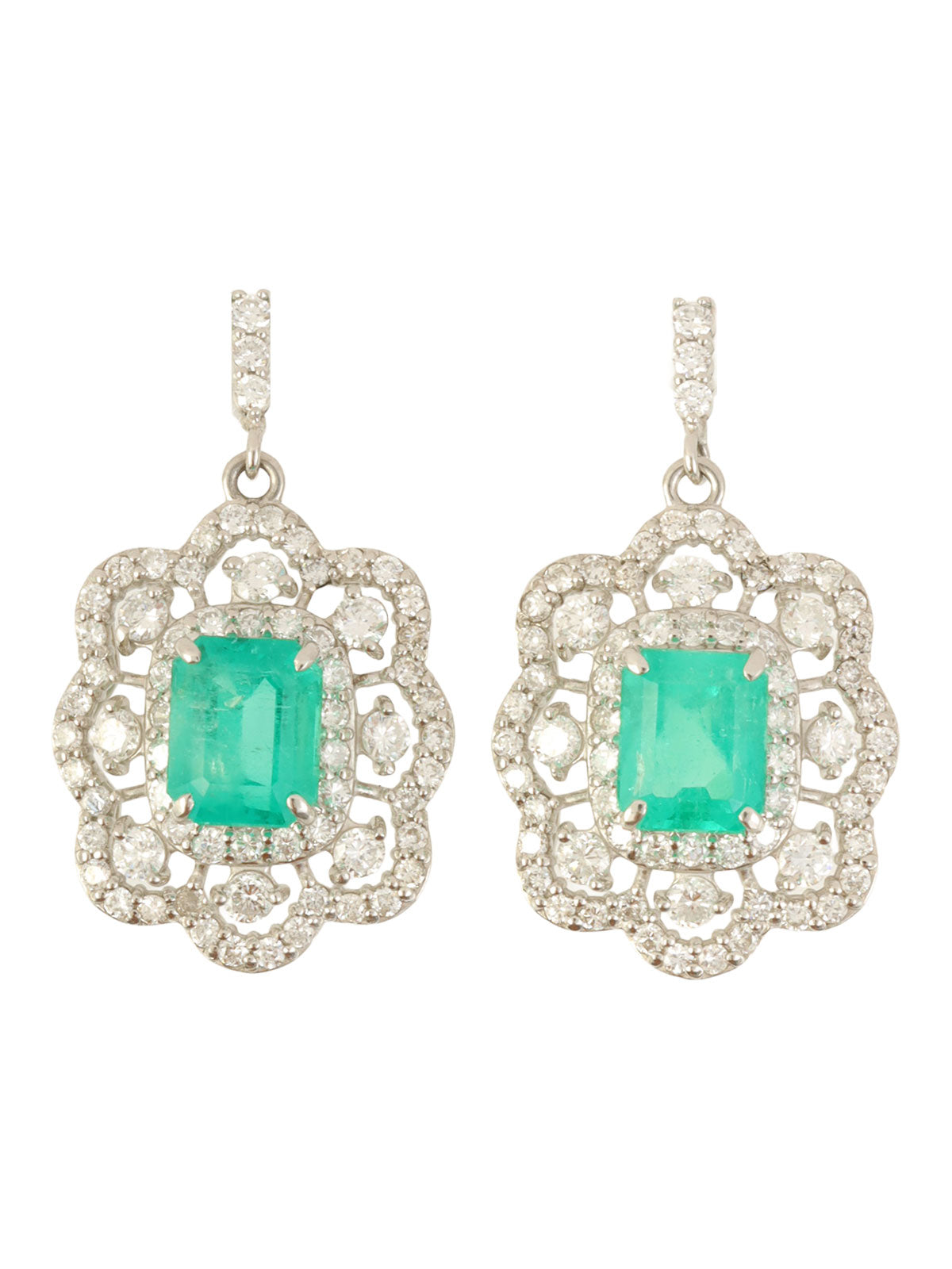 Platinum emerald and diamond design earrings in silver/green