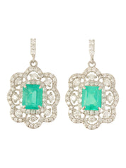 Platinum emerald and diamond design earrings in silver/green
