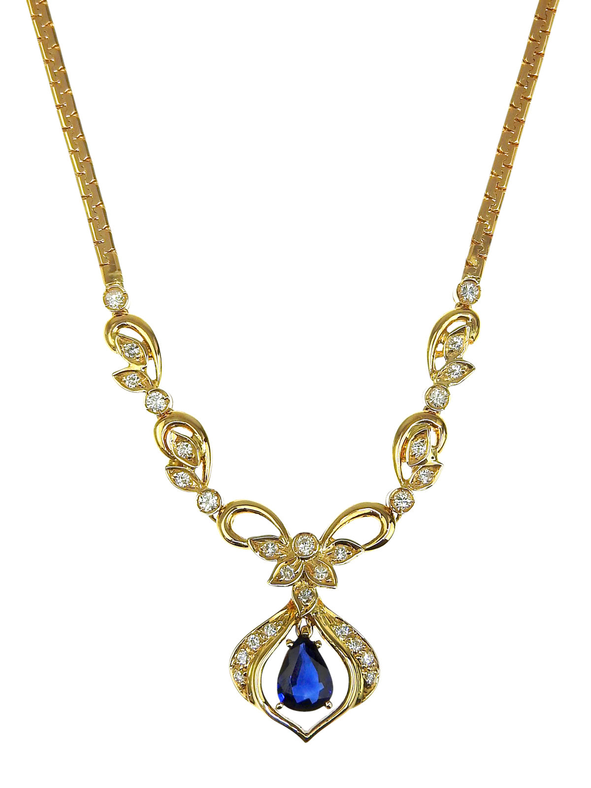 18K Gold/Blue Sapphire and Diamond Design Necklace