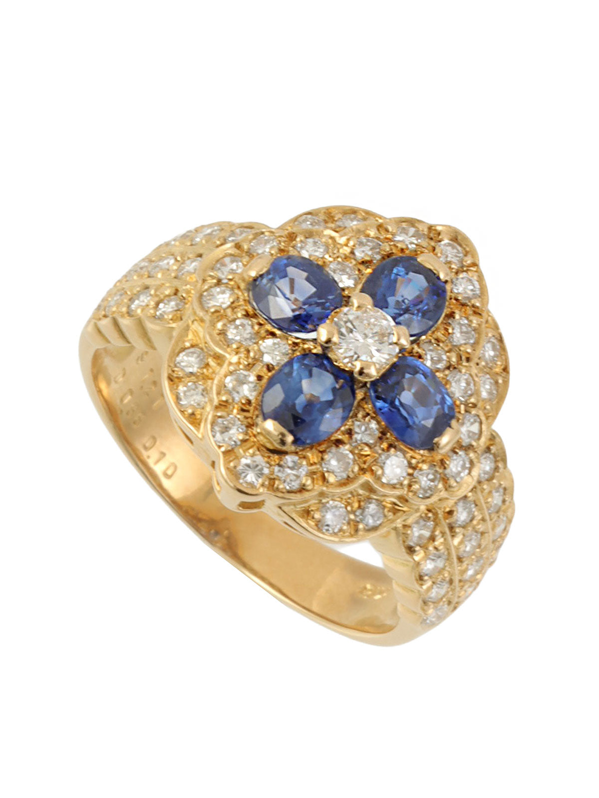 18K Sapphire and Diamond Flower Motif Ring in Gold/Blue