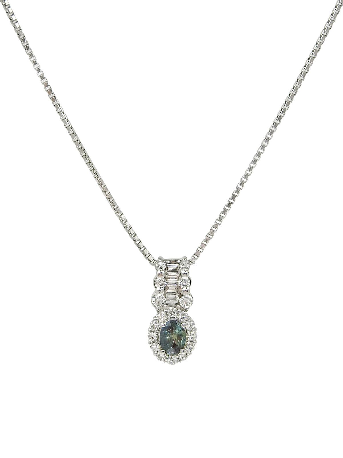 Platinum Alexandrite Diamond Design Motif Necklace in Green/Silver