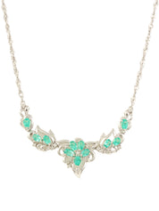 Platinum Emerald Diamond Flower Motif Necklace in Silver/Green