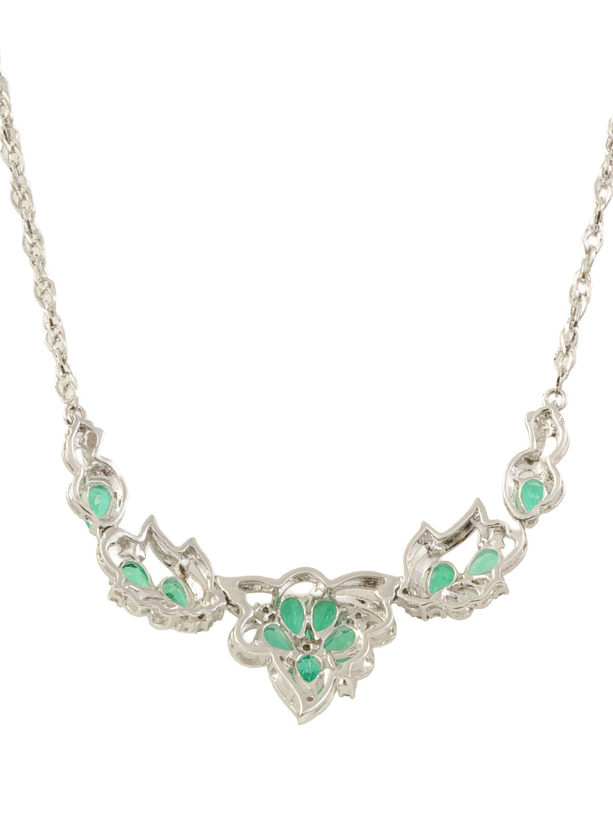 Platinum Emerald Diamond Flower Motif Necklace in Silver/Green
