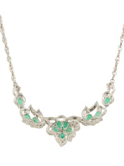 Platinum Emerald Diamond Flower Motif Necklace in Silver/Green