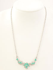 Platinum Emerald Diamond Flower Motif Necklace in Silver/Green